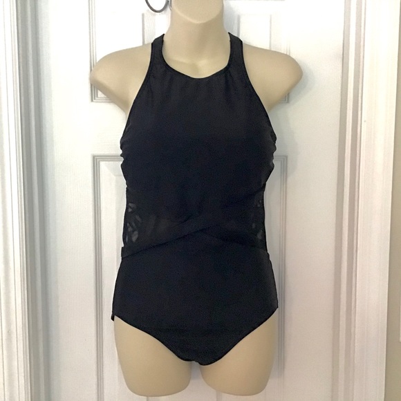 Coastal Blue Black Mesh Side Swimsuit Low Cut Back One Piece Size Medium - Picture 2 of 7